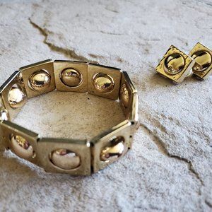 Chico's Grace Hammered Gold Stretch Bracelet and Matching Clip Earrings Set